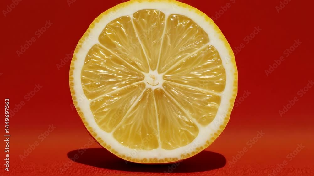 A single lemon slice is on a red background