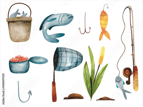 Fishing Tools set of items in watercolor style. Cute fishery baits, fish vector art, fishing rod watercolor style. Fishing tools cute vector illustration