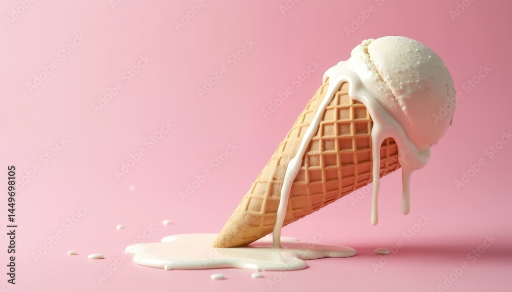 Illustration of melting ice cream cone against pink background. Summer treats concept ice cream melts, drips, creating sweet liquid pool. Delicious snack. Minimalist, clean design. Perfect for food