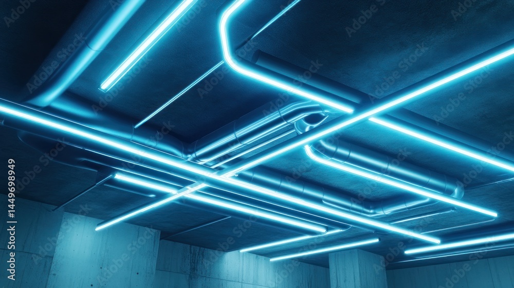 Abstract Neon Light Installation in Industrial Setting: Futuristic Ceiling Design with Bright Blue LED Tubes and Metallic Pipes Abstract Neon Light Installation in Industrial Setting: Futuristic Ceiling Design with Bright Blue LED Tubes and Metallic Pipes