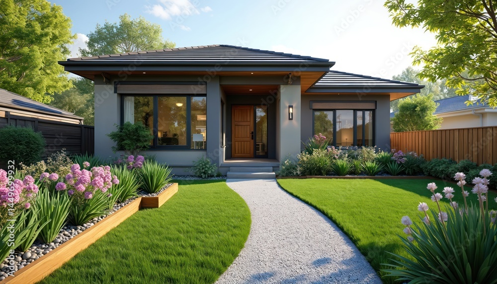 Modern residential building with pathway leading to front door. Lush green lawn, big flower garden, trees, bushes, sky, windows. Real estate concept suburban house, family home. Architecture, design.
