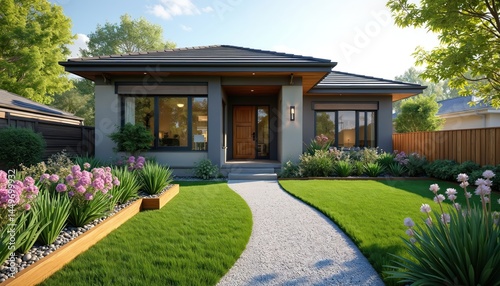 Obraz na płótnie Modern residential building with pathway leading to front door. Lush green lawn, big flower garden, trees, bushes, sky, windows. Real estate concept suburban house, family home. Architecture, design. w salonie