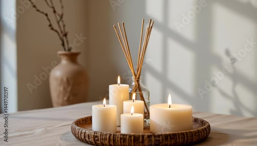 Cozy Home Decor with Candles and Aromatic Sticks in Natural Light