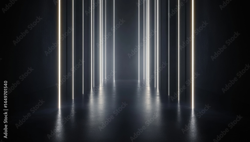 Glowing white neon lines in dark corridor.