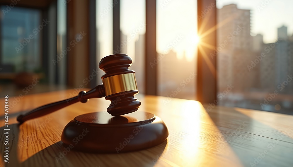 Close-up gavel rests on wooden table, illuminated by warm sunlight streaming through large windows. Symbol of justice, law, legal system, courtroom, trial, hearings, debate, court. Close-up gavel rests on wooden table, illuminated by warm sunlight streaming through large windows. Symbol of justice, law, legal system, courtroom, trial, hearings, debate, court.
