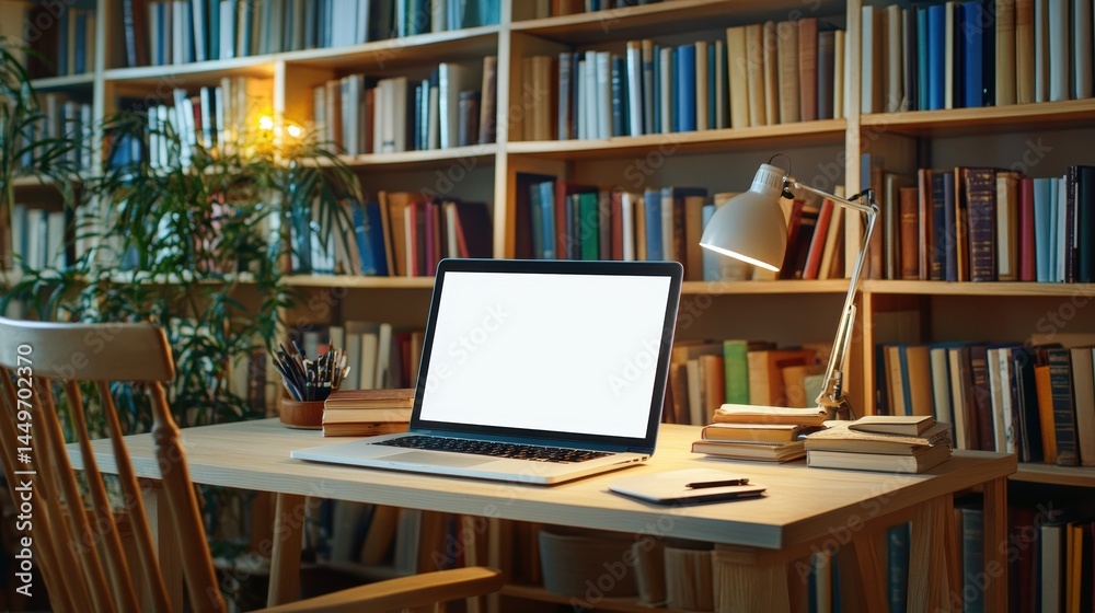 Laptop with blank screen on table in Modern library or bookstore interior with Learning and coworking space,relax zone,Library with rows of bookshelves,school or university,education concept.