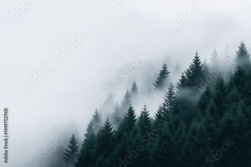 Pine forest covered in fog. atmospheric nature scene of misty woodland