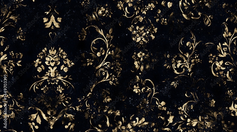 Intricate, dark floral pattern design with gold accents.