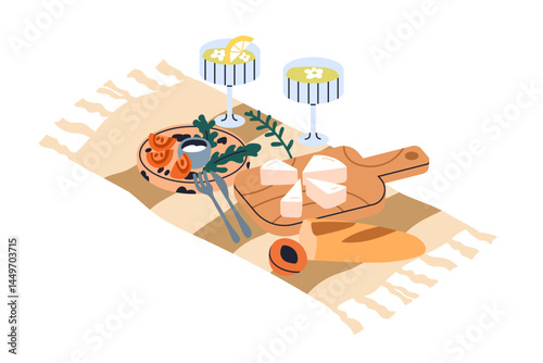 Picnic food and drink on cloth. Outdoor summer setting with cocktail in glass, snack, baguette, bread, cheese on board, serving for eating out. Flat vector illustration isolated on white background