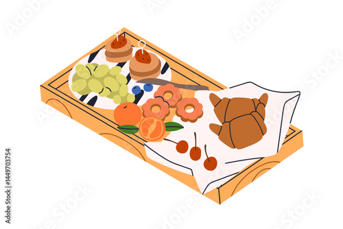 Sweet food, snacks on wooden tray. Croissants, cookies, canape, fruits and be...