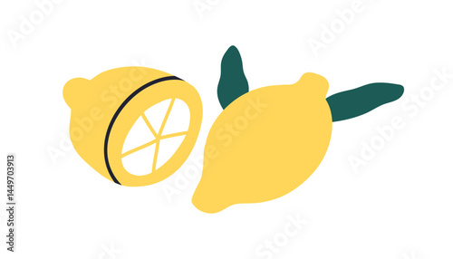 Lemon fruits with leaf, exotic food. Tropical yellow sour citrus. Healthy vitamin eating, cut half and whole limon. Fresh natural nutrition. Flat vector illustration isolated on white background