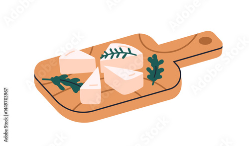 Cheese and herbs on wooden cutting board. Dairy food product, snack served with green leaf. Natural creamy soft pieces, slices on plate. Flat vector illustration isolated on white background