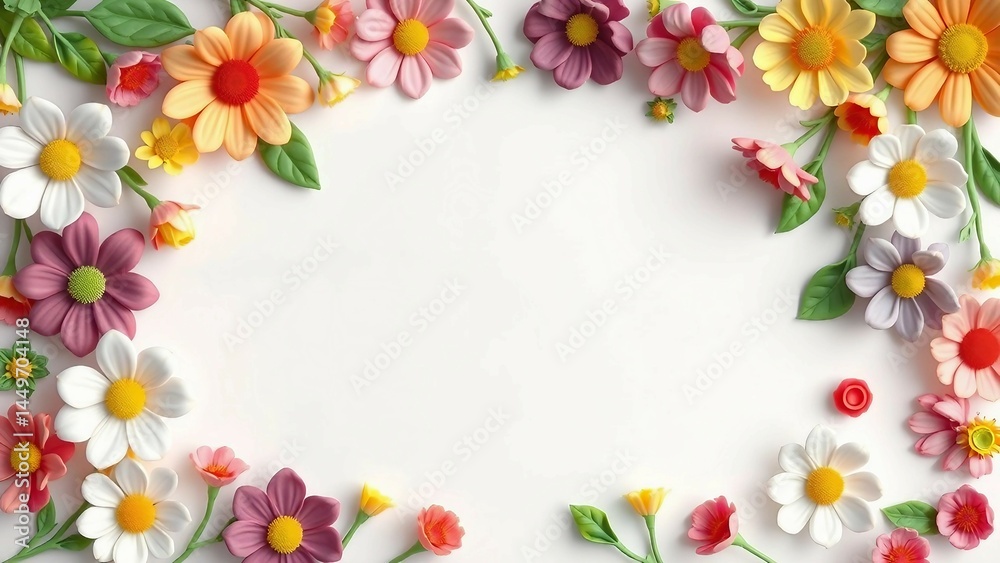 Verspielter Blumenrahmen im plastischen Claymation-Stil auf weißem Hintergrund – ideal für DIY, Kreativprojekte oder Kinderdesign. Verspielter Blumenrahmen im plastischen Claymation-Stil auf weißem Hintergrund – ideal für DIY, Kreativprojekte oder Kinderdesign.