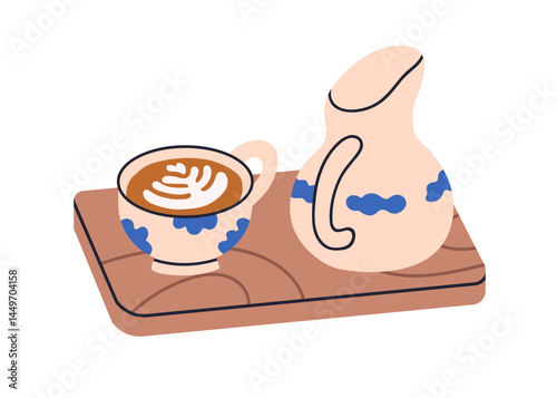 Coffee cup with jug served on wooden board, tray. Cappuccino art on milk foam. Latte drink, hot beverage in ceramic crockery, morning setting. Flat vector illustration isolated on white background