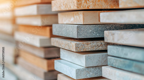 Stacked samples of various stone and ceramic countertop materials in different colors and textures.