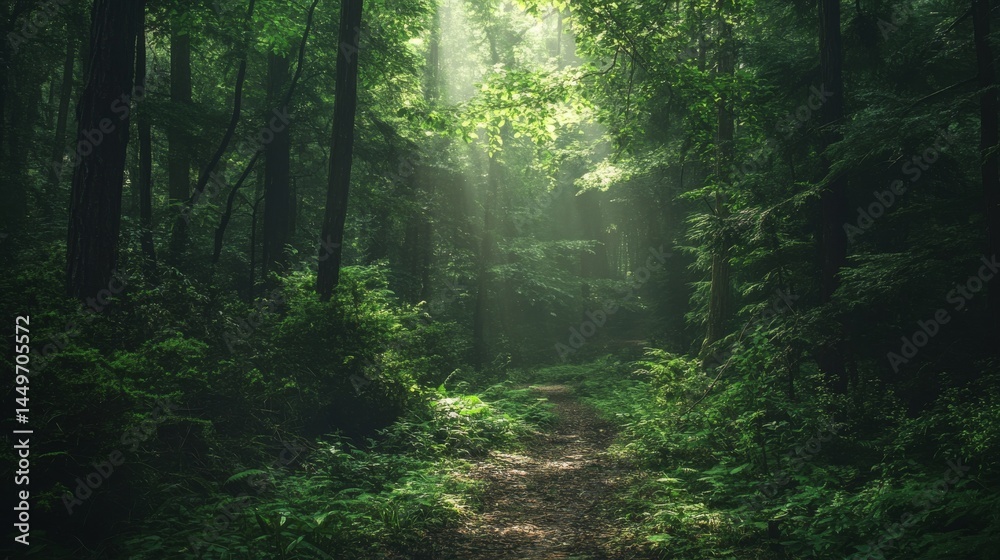 Obraz premium A path through a lush green forest with sunlight breaking through the canopy.