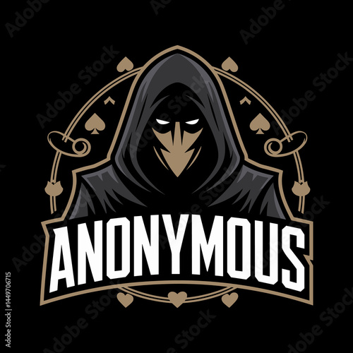 Enigmatic Hooded Figure with Anonymous Mask and Playing Card Suit Accents Esport Logo