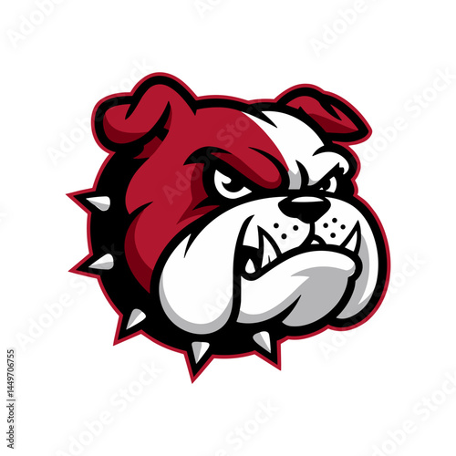 Intimidating Red and White Stylized Bulldog Head with Spiked Collar Sports Mascot Logo
