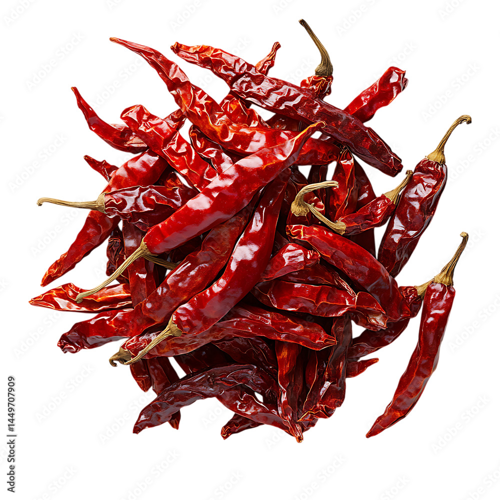 Fototapeta premium Isolated on white, dried chili peppers in cluster Recipe and cooking blogs Meal prep and food delivery content Food product packaging and labels