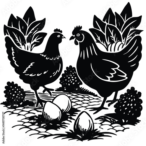 hen or chicken, rooster and chicks silhouette set. hen, rooster and chicks isolated farm animal silhouette icon vector collection

