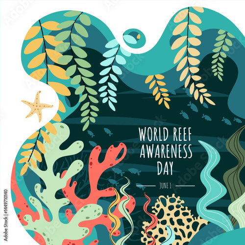 World Reef Day Square Banner Featuring Coral Reef and Seaweed for Marine Conservation Awareness. Perfect for Social Media Posts and Environmental Campaigns. Vector Illustration