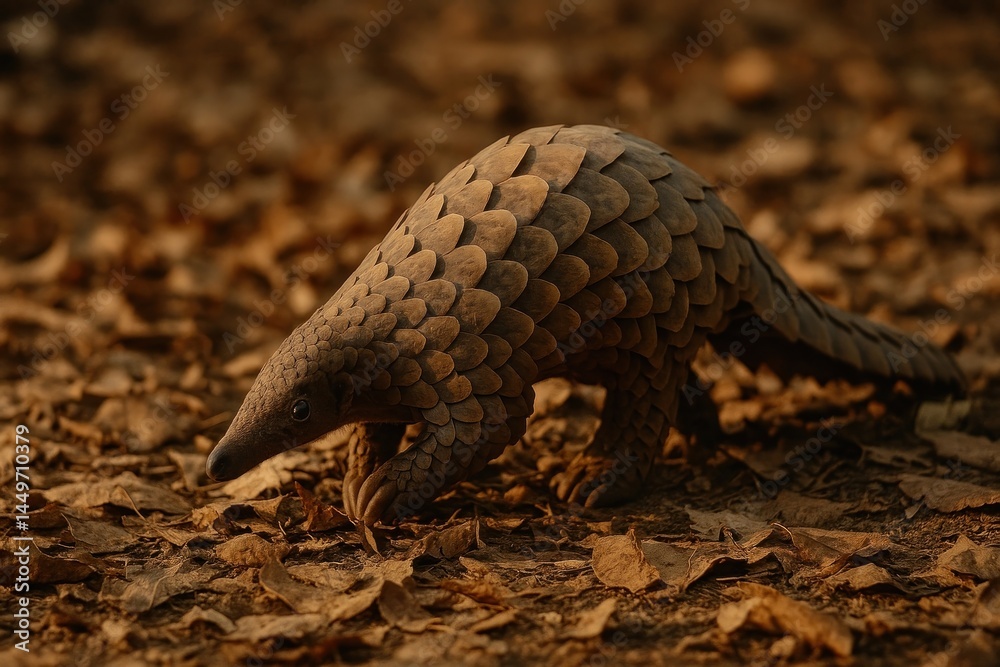 Obraz premium Pangolin walking on autumn leaves.