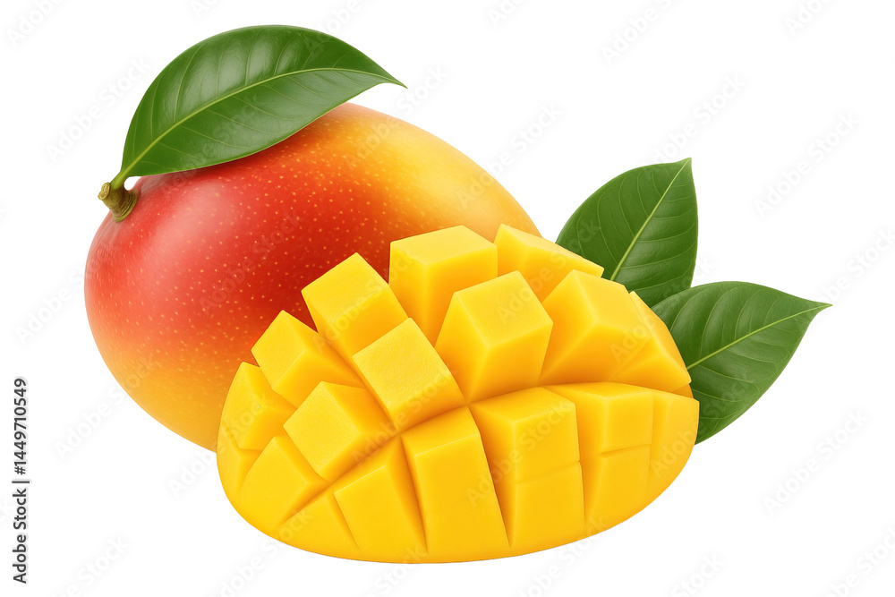Ripe mango with mango slices and green leaves isolated on a transparent background. Cut out the PNG format for graphic design. Ripe mango with mango slices and green leaves isolated on a transparent background. Cut out the PNG format for graphic design.