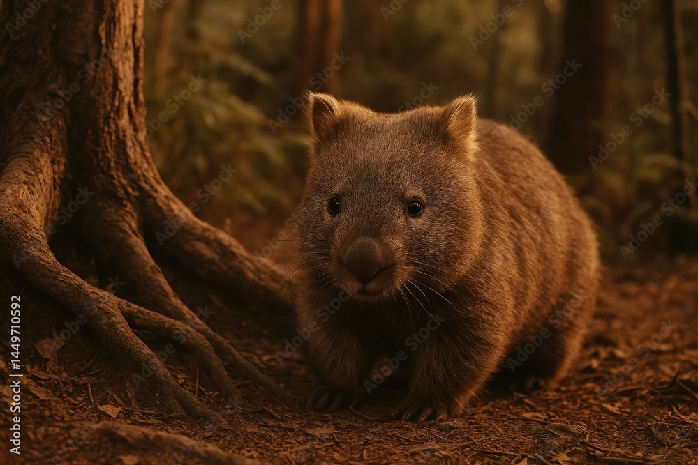 Fototapeta premium Wombat exploring forest floor.