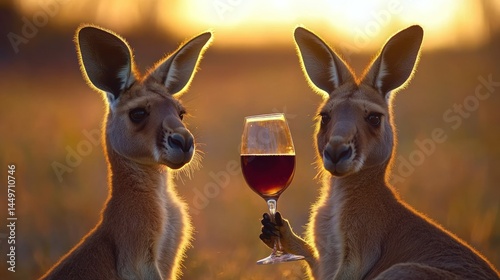 Two kangaroos toasting with wine glass at sunset