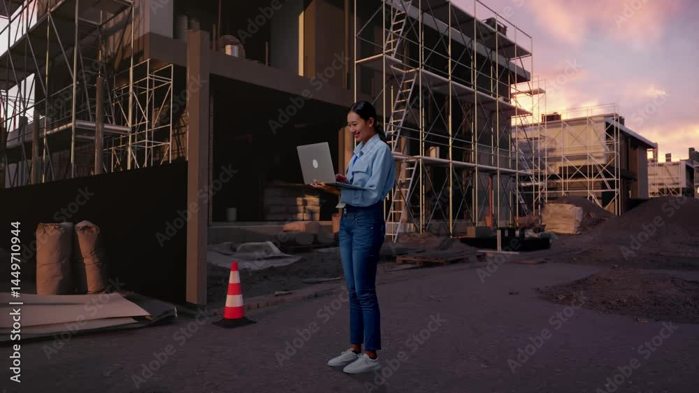 Full Body Side View Of Asian Female With Her Laptop At Construction Site in Progress to New House, Typing On Her Laptop'S Keybaord With Meditation
