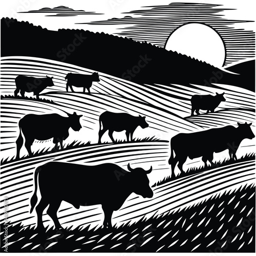 Silhouette of a cow being eaten vector illustration set isolated on a white background.Cow with Calf Silhouette Vector Set cow silhouette vector set


