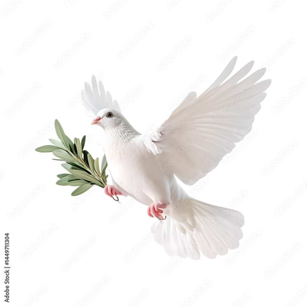 Fototapeta premium white dove in flight on a white background with an olive branch . AI Generated Images