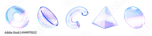 3d glass liquid holographic transparent geometric shapes render icon set. Abstract gradient fluid figures triangle, cylinder, half sphere, torus, circle tube objects isolated elements