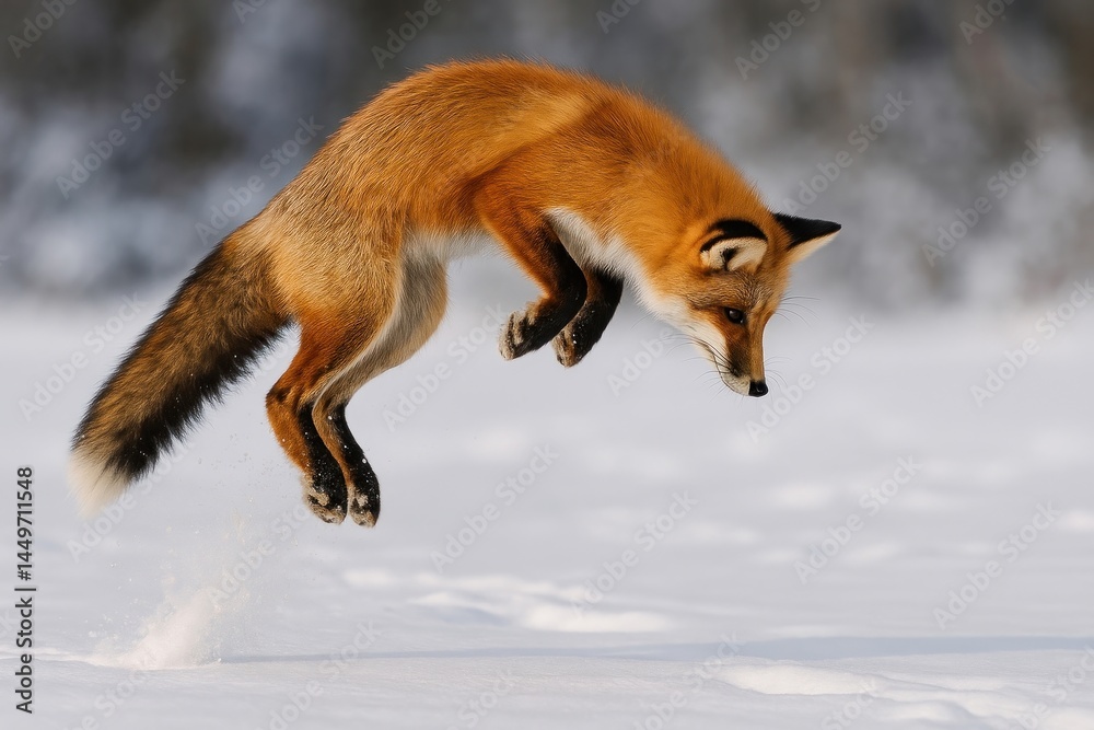 Fototapeta premium Fox leaping snowy landscape