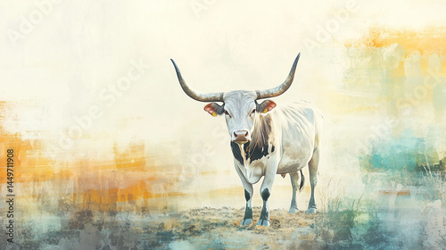 Bull with Majestic Horns in Watercolor Effect Representing Eid al-Adha Sacrifice and Muslim Tradition

