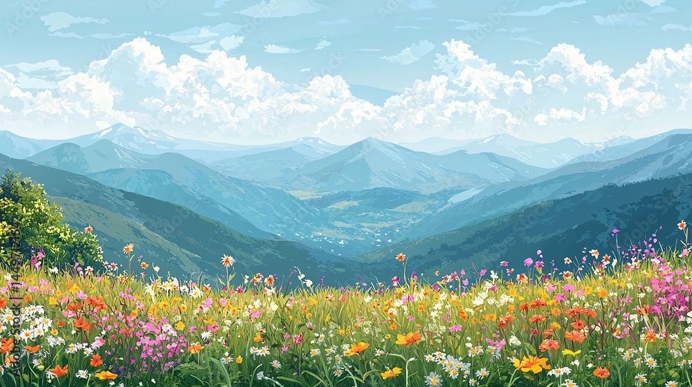 Fototapeta premium The distant scenery of flower fields in the valley