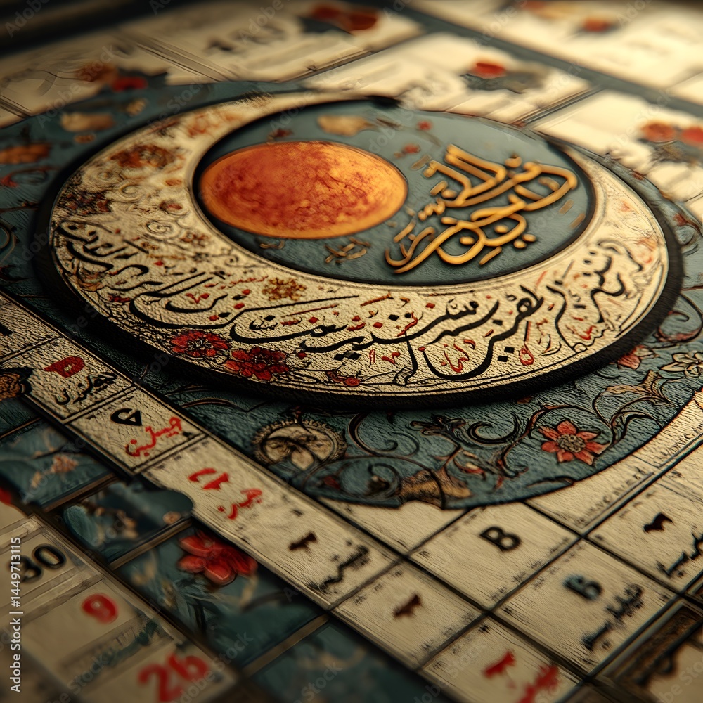 Hijri calendar turning to 1st Muharram, glowing moonlight, traditional calligraphy overlay, Islamic elegance. Hijri calendar turning to 1st Muharram, glowing moonlight, traditional calligraphy overlay, Islamic elegance.