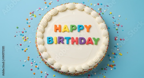 AI image showing an overhead, flat lay view of a round white birthday cake decorated with sprinkles and HAPPY BIRTHDAY letters