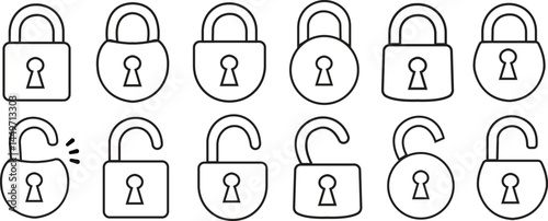 Lock black outline icon set . Lock, unlock vectors. Security and privacy symbol. Concept password and blocking sign. Padlock open and closed illustration collection isolated on transparent background.