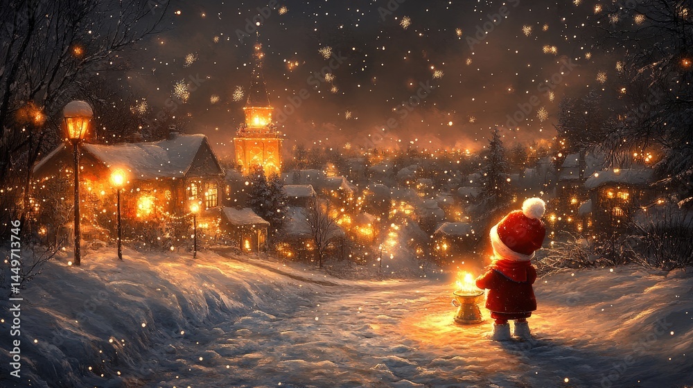 Obraz premium Snowy village scene at night, illuminated by warm lights.