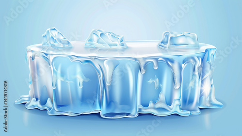 Platform of ice with frozen ice block podium or stand for product placement. Icy cold or glacier stage display. Winter freeze themed product presentation