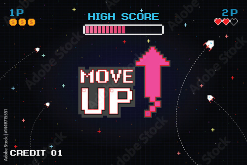 MOVE UP icon pixel art. 8 bit game. retro game. Retro Futurism Sci-Fi Background. glowing neon grid. and stars from vintage arcade computer games
