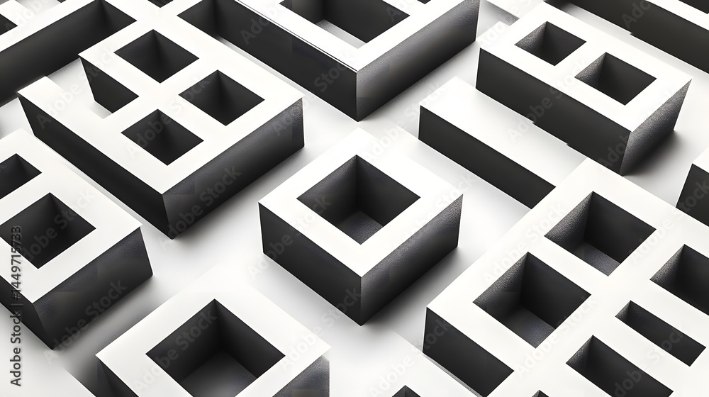 3d Pattern square white and black line background poster. Geometric abstract inspiration sketch minimalistic web net math science pattern texture illustration