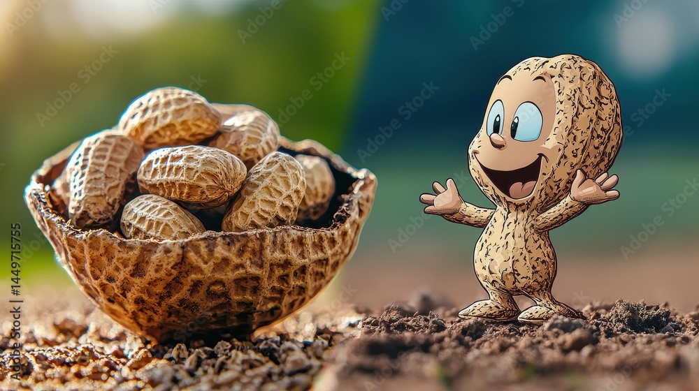 Obraz premium Playful Cartoon Peanut Character and Pile of Peanuts in Shell