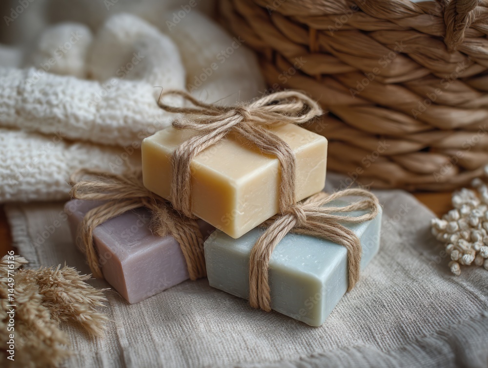 Handmade Soap Bars Stacked with Twine on Linen for Natural Skincare Handmade Soap Bars Stacked with Twine on Linen for Natural Skincare