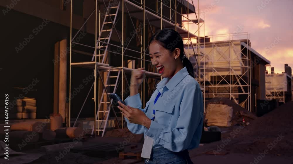 Side View Of Asian Female Professional Worker With Her Smartphone At Construction Site in Progress to New House, She Raises Her Fist Up With Screaming Goal After Check On The Smartphone