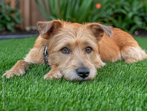 Calm terrier mix dog lying down in garden on artificial turf