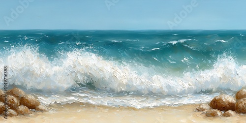 National relaxation day with calm and nature idea. Waves crashing onto a sandy beach under a clear blue sky.