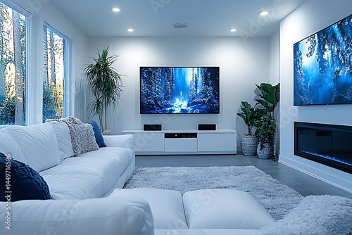 Bright Minimalist Living Room with Cozy White Sofa and Home Theater