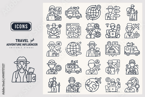 Travel & adventure influencer icon set Travel Blogger, Van Life Vlogger, Digital Nomad, Globetrotter, Backpacker, Destination Guide Creator, Culture Explorer, Adventure Photographer, vector.